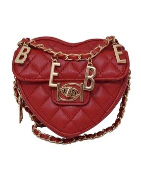 BeBe Diamond Quilted Heart Crossbody Bag in Red Solana Chain Strap Gold